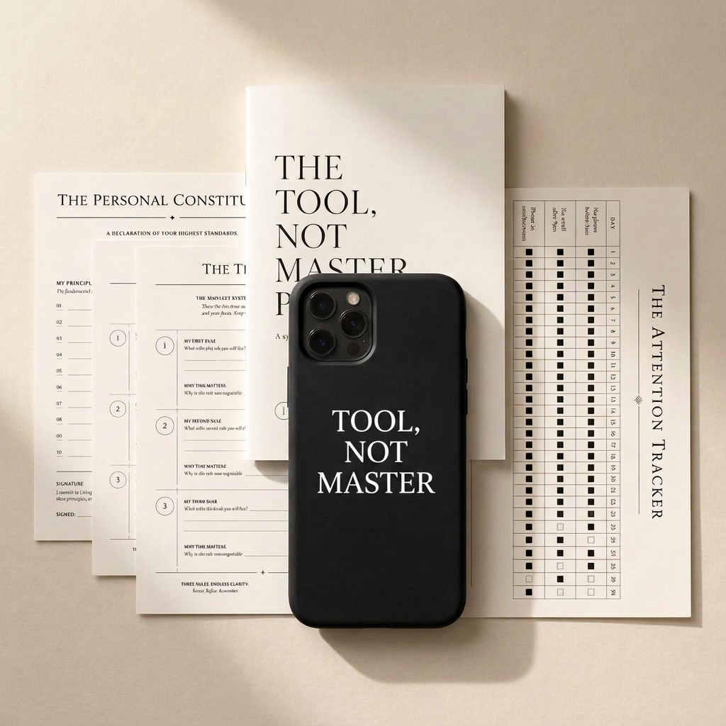 The complete Tool, Not Master Kit — case, protocol, commitments and tracker